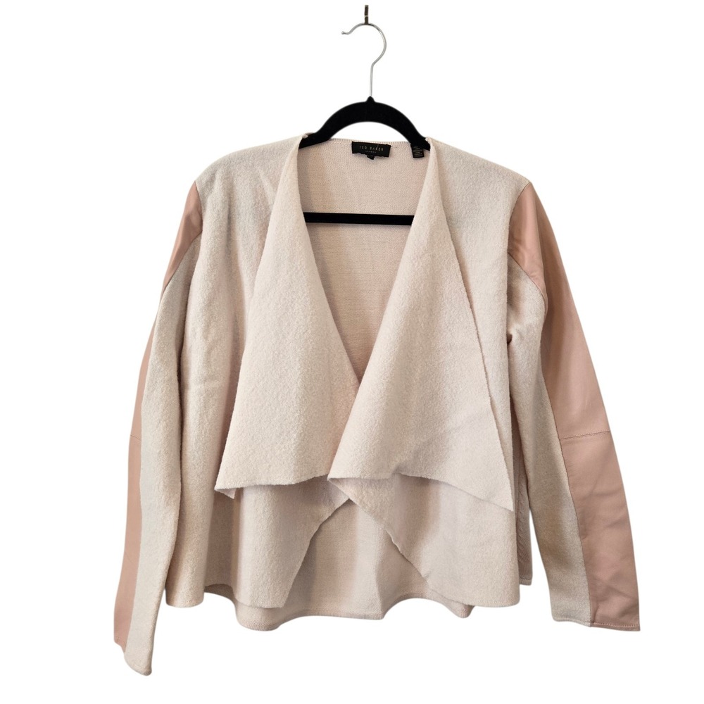 Ted Baker Gaeton Two Tone Pink Wool Jacket Leather Sleeve Panels Womens Size 4